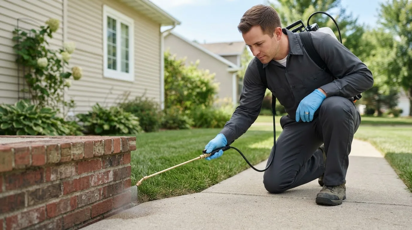 Pest control technician treating a home near Hannaford, ND